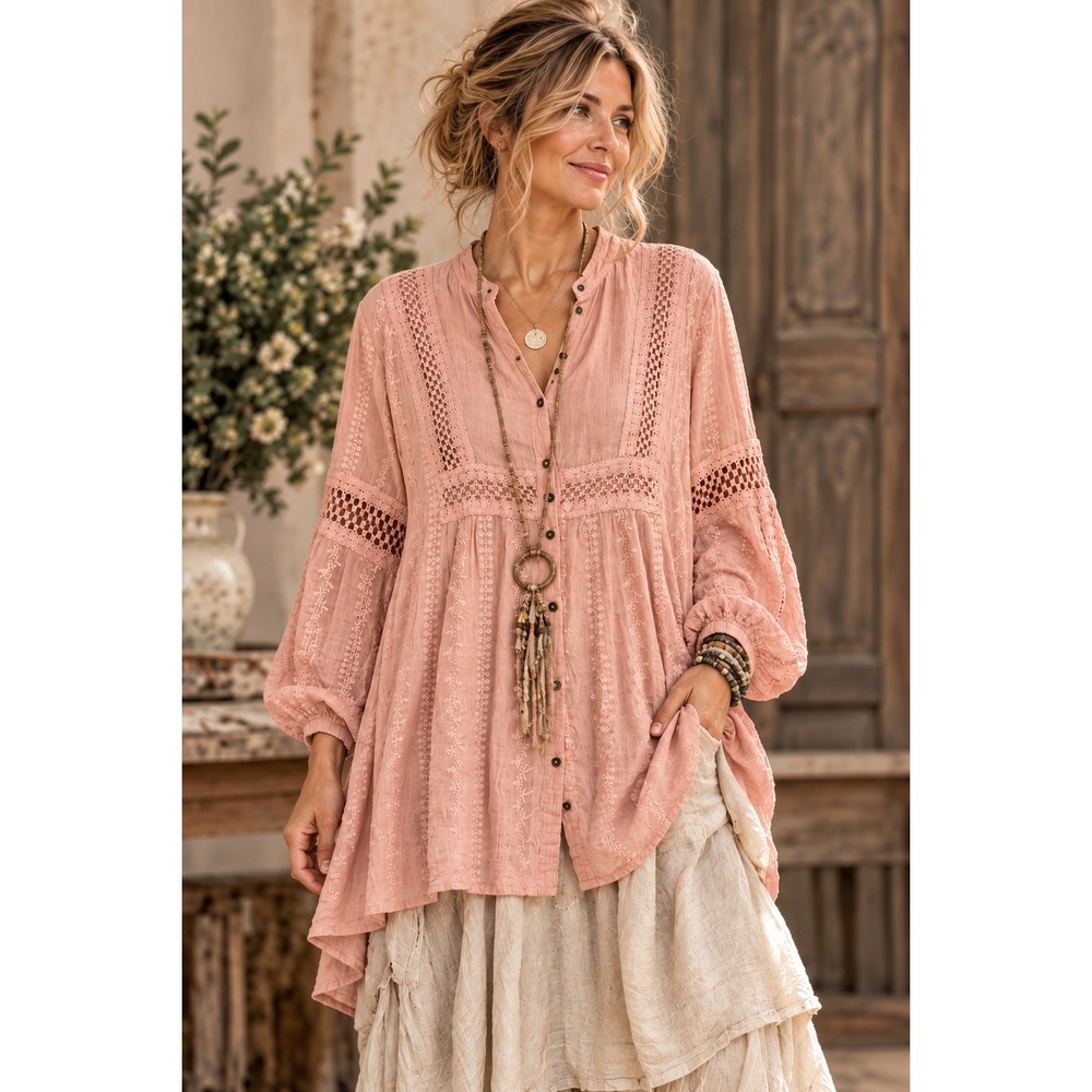 XCVI Pink Cotton Gauze Embroidered Crochet Boho Button Tunic Top XL